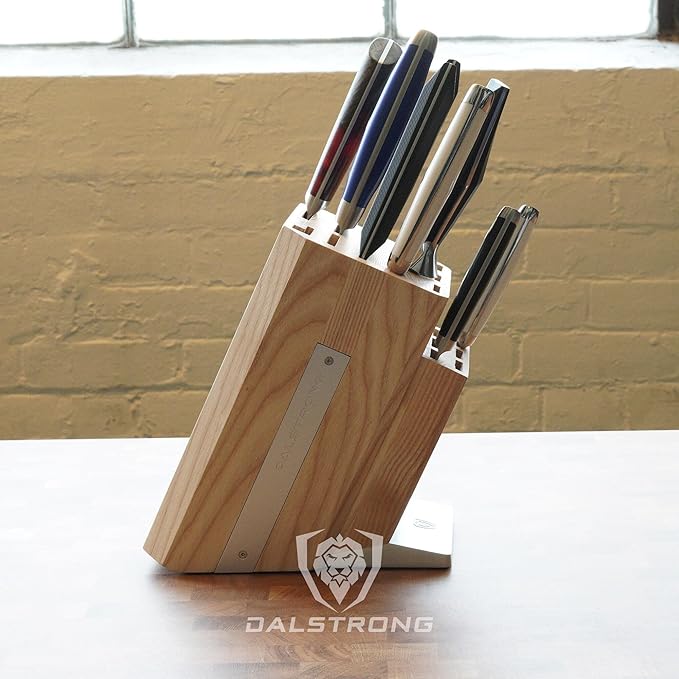 DALSTRONG Universal Knife Block - 18 Slots - Premium American Ash Wood - Aluminum Alloy Rim Kitchen Set - Lion Head Logo Badge - Premium Craftsmanship Knife Set - Angled For Ergonomics - Cleans Easily