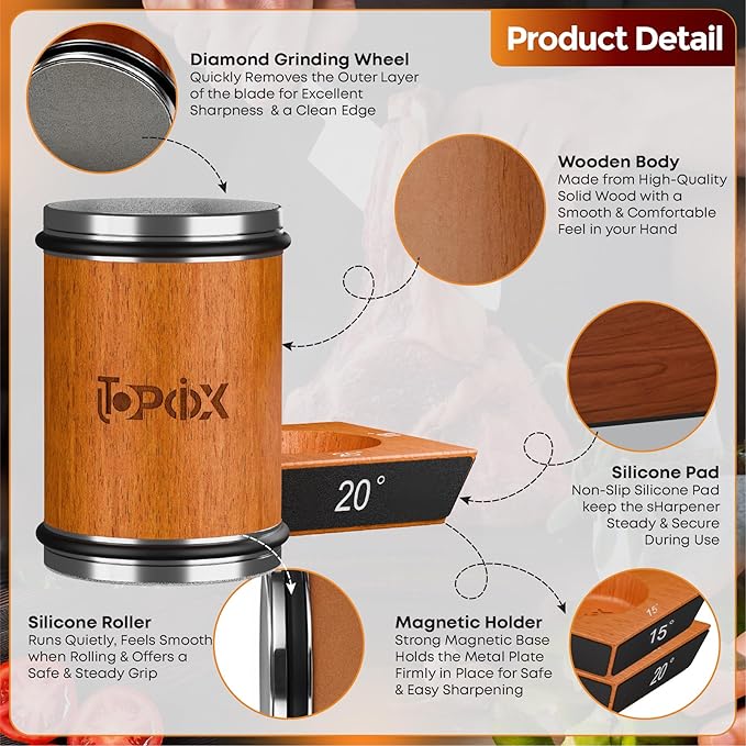 UTOPIOX Rolling Knife Sharpener Kit – 4 Angles (15°,18°,20°,22°) – Includes Diamond, Ceramic & Honing Discs with Leather Strop – Ideal for Home Cooks & Professional Chefs