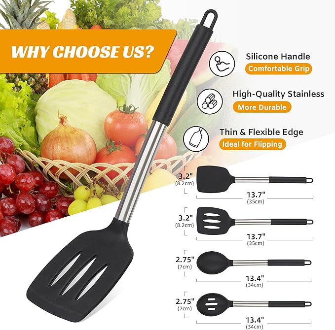 YASUEBI Silicone Cooking Kitchen Utensils Set Kitchen Utensils Set Silicone Cooking Utensils Set for Nonstick Cookware Perfect for Baking and Mixing Spatula Set BPA Free Dishwasher Safe Black 4 Pack