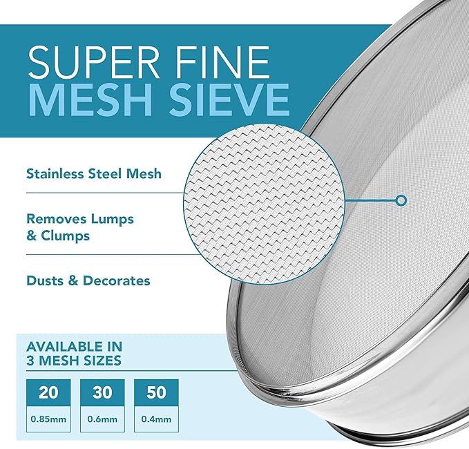 Stainless Steel Flour Sifters, Set of Fine Mesh Round Flour Sieves for Baking - 8" Diameter x 2.5" High and 9.5" Diameter x 2.5" High; Both 50 Mesh