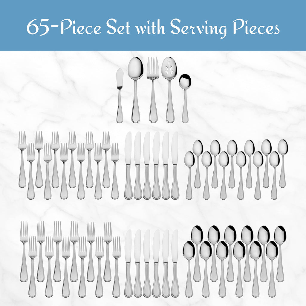 Mikasa Bravo 65-Piece Flatware Set, Service for 12, 18/10 Stainless Steel Silverware with Mirror Finish, Includes 5 Serving Utensils, Dishwasher Safe
