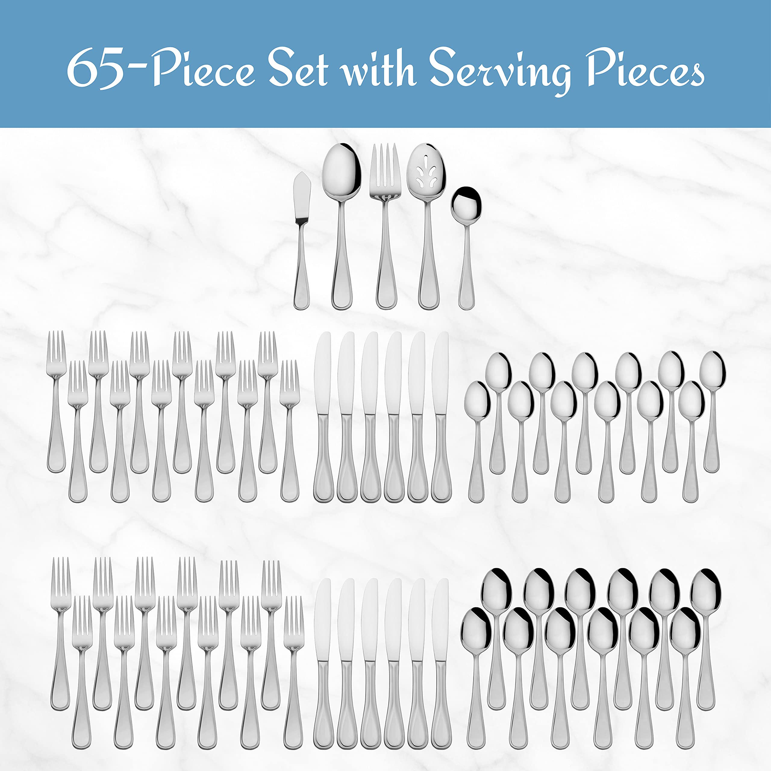 Mikasa Bravo 65-Piece Flatware Set, Service for 12, 18/10 Stainless Steel Silverware with Mirror Finish, Includes 5 Serving Utensils, Dishwasher Safe