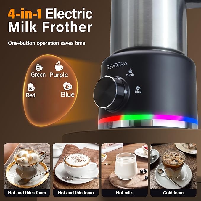 4 in 1 Milk Frother and Steamer, 500ml Stainless Steel Electric Foam Maker