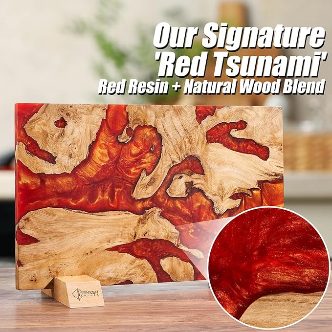 SENKEN "Red Tsunami" Extra Large Magnetic Knife Block - Holds Up to 16 Knives - Knife Block without Knives, Universal Knife Holder, Beautiful Red Resin Burl Wood Blend ("Crimson" Red Resin Blend)
