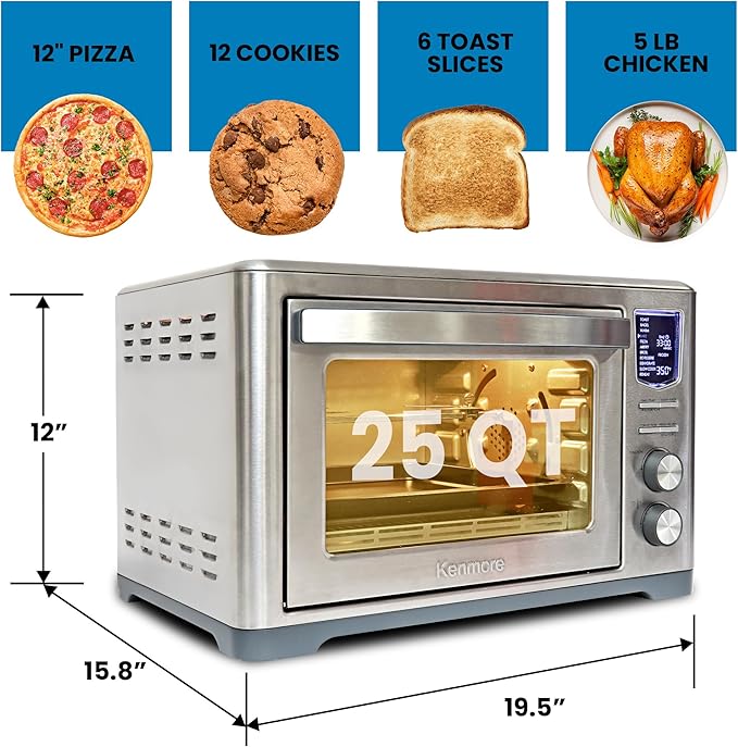 Kenmore Digital 11-In-1 Air Fryer Toaster Oven Combo 25 Qt Convection Rotisserie Dehydrator Bake Broil 1800 Watts 80°-450°F Temp Controls Top & Bottom Heater Adjustments Stainless Steel Large Capacity