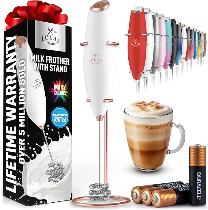 Zulay Kitchen Powerful Milk Frother Wand With Duracell Batteries - Ultra Fast Handheld Drink Mixer - Electric Whisk Foam Maker for Coffee, Lattes, Cappuccino & Matcha - Triple Whisk - Black