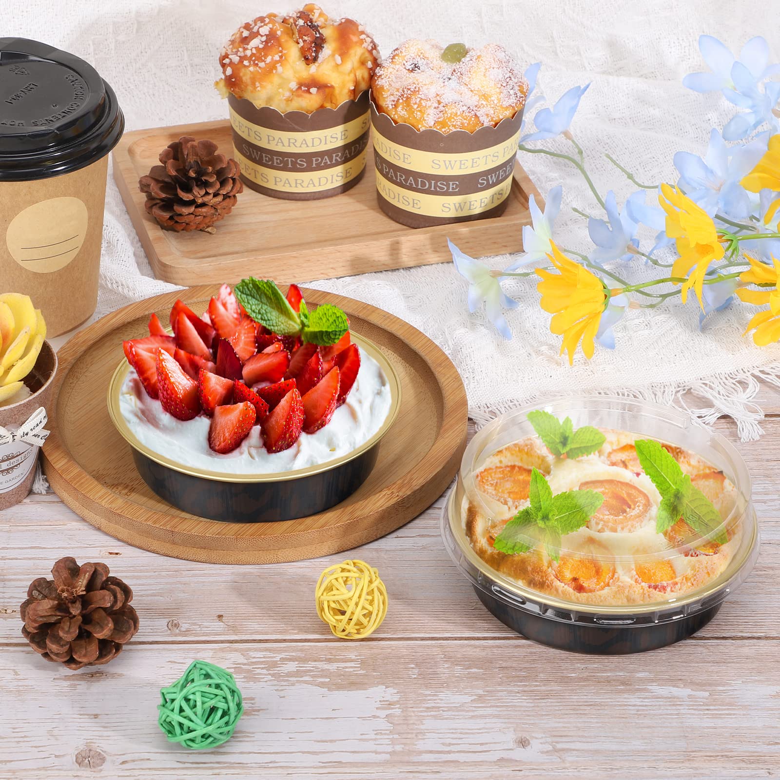 Beasea 20 Pack 4” Mini Pans with Lids, 8oz Disposable Aluminum Baking Foil Tins Round Small Black Dark Red Spot Container for Individual Cupcake Dessert Muffin Ramekin Cheesecake Quiche Oven Dishes