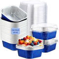 Aoriher 150 Pcs 10 oz Mini Cake Pans with Lids Aluminum Foil Baking Cup Disposable Square 4 x 4 Large Baking Tin, Muffin Pan Cheesecake Kitchen Brownie Pudding Desserts Holder(Sapphire Blue)