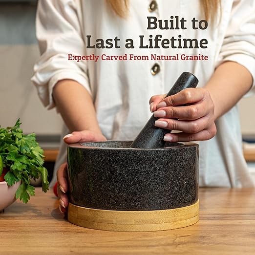 PriorityChef Heavy Duty Mortar and Pestle Set with Bamboo Base, 100% Natural Granite Stone Grinder, Guacamole Bowl and Masher, 4 Cups, Black