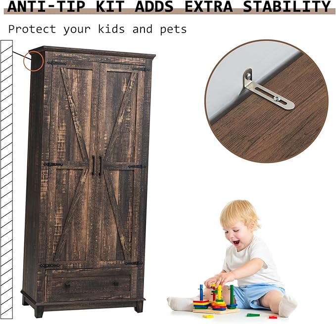 LUXOAK Farmhouse Kitchen Pantry Cabinet, 72" Tall Storage Cabinet with Adjustable Shelves & Barn Doors, Freestanding Kitchen Cupboard for Dining Room, Living Room, Dark Rustic Oak
