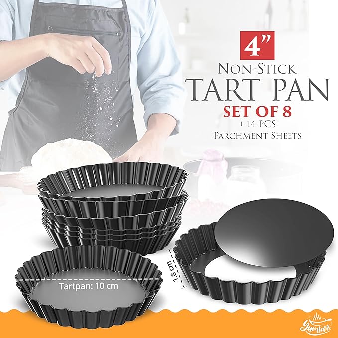 YUMTART 4 Inch Round Tart Pan 8 Pieces, False Bottom Pie Pan, Deep Fluted Tart and Quiche Pan with Removable Bottom - Non-Stick Tart Pan