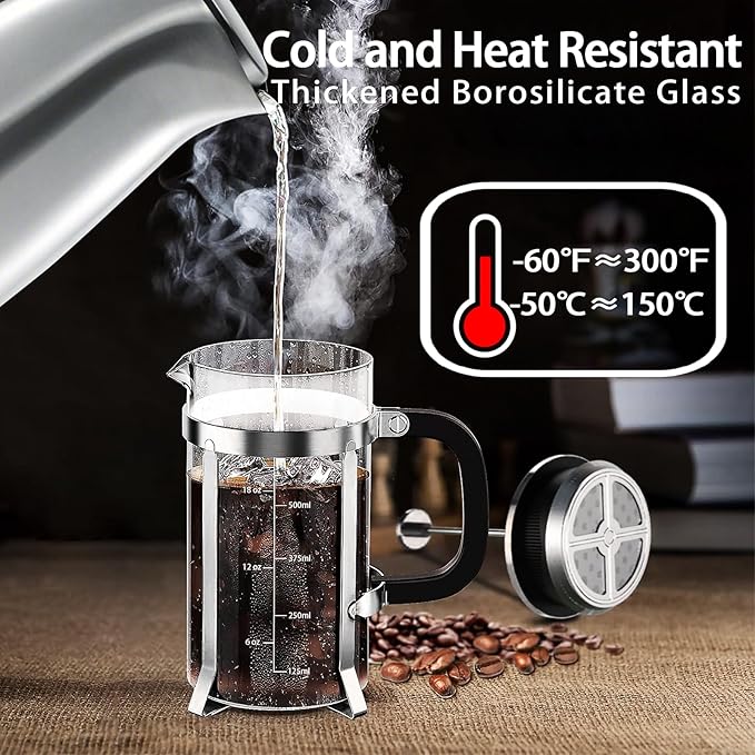 YMMIND French Press Coffee Maker 304 Stainless Steel Coffee Press,with 4 Filters System, Heat Resistant Thickness Borosilicate French Press Glass, BPA-Free Brewed Tea Pot Coffee Plunger(Copper 12oz)