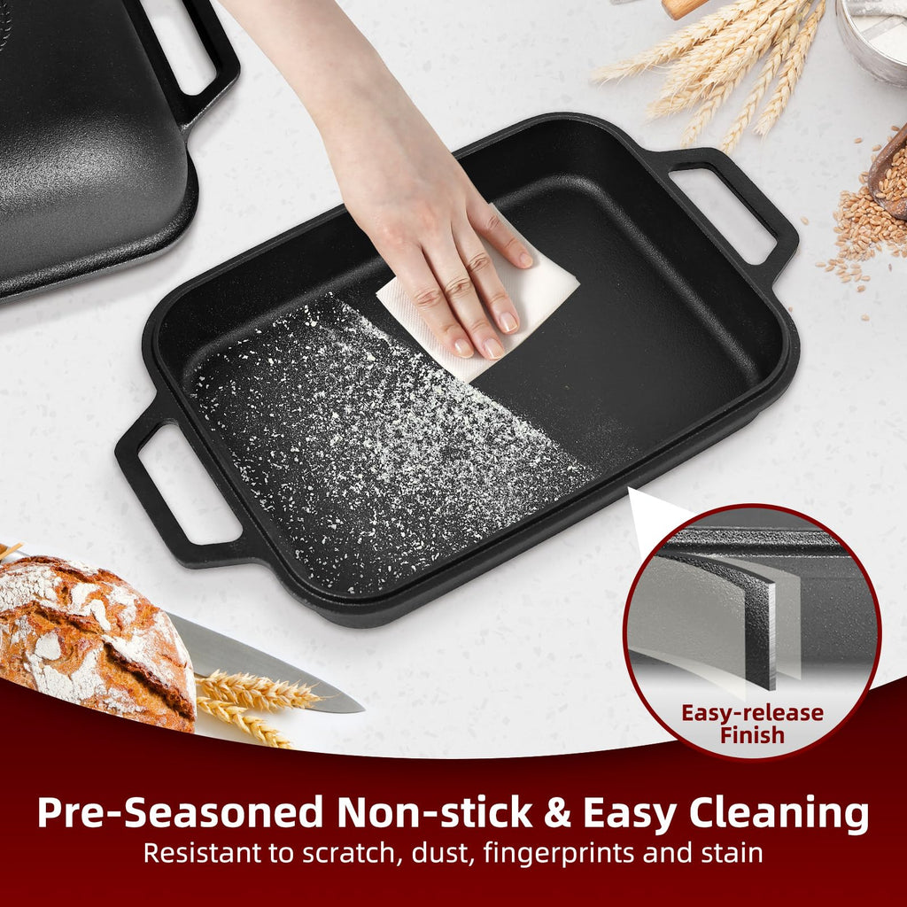 Davivy 9QT Large Cast Iron Bread Loaf Pan with Lid, Dutch Oven for Sourdough Bread Baking, Non-stick Cast Iron Sourdough Baking Pan with Lid, 12.3" x 9.2", Matte Black
