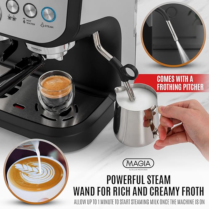 Zulay Kitchen Magia Manual Espresso Machine with Built-In Grinder & Steam Wand – 15 Bar Pressure Espresso Maker, 2L Removable Water Tank, Milk Frother, Complete Home Barista Set, Black & Silver