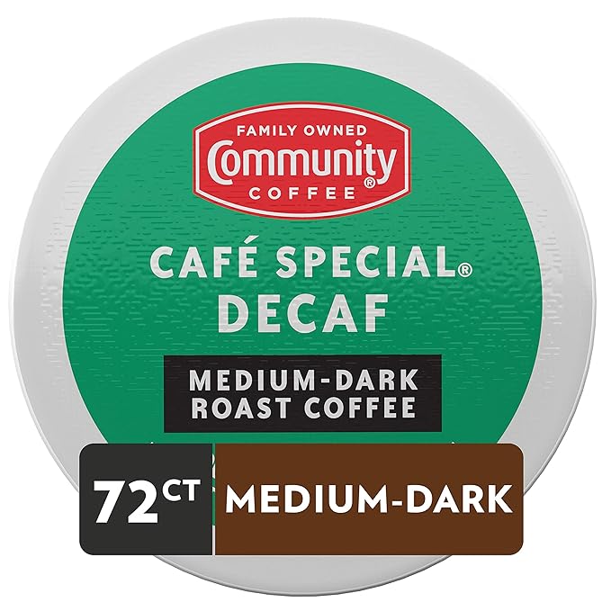 Community Coffee Cafe Special Decaf 72 Count Coffee Pods, Medium Dark Roast Decaf, Compatible with Keurig 2.0 K-Cup Brewers, 12 Count (Pack of 6)