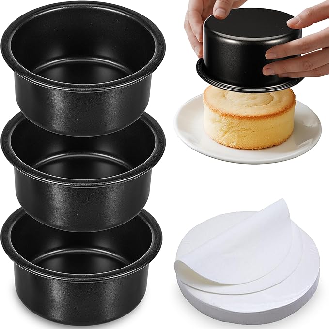 4 Inch Cake Pan, 3PCS Nonstick Small Cake Pans with 100PCS Parchment Paper