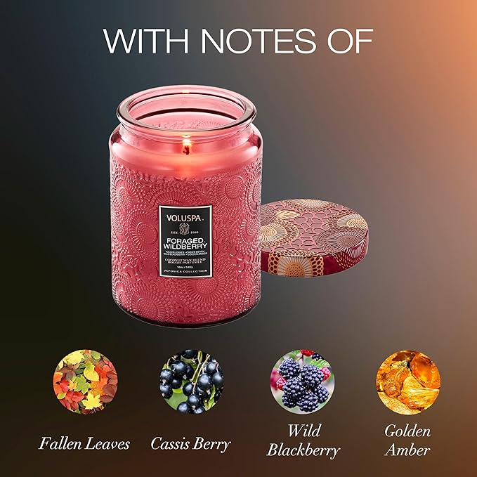 Voluspa Foraged Wildberry Large Jar Candle, 18 oz, Coconut Wax Blend, Berry Scented Candle for Home, 100 Hour Burn Time, Handcrafted in the USA