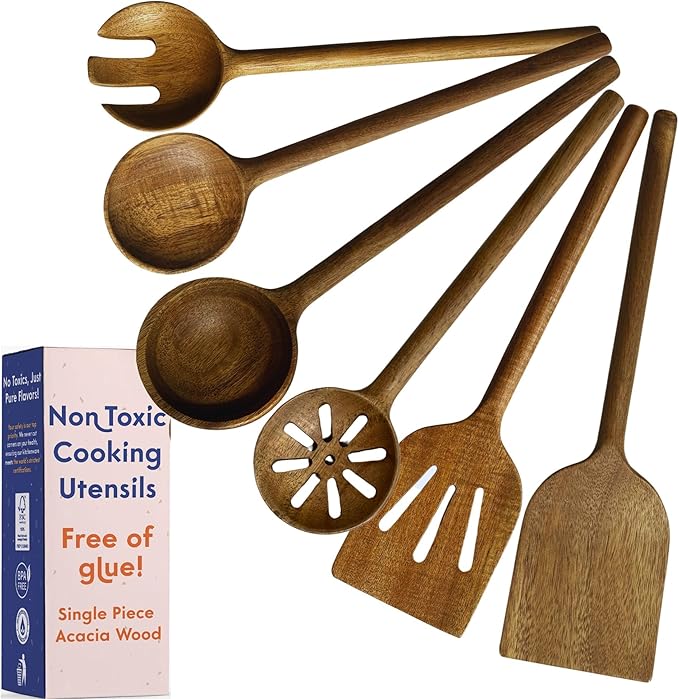 Non-Toxic Acacia Wooden Utensils Set, 6-Piece, Glue and Mineral Oil Free