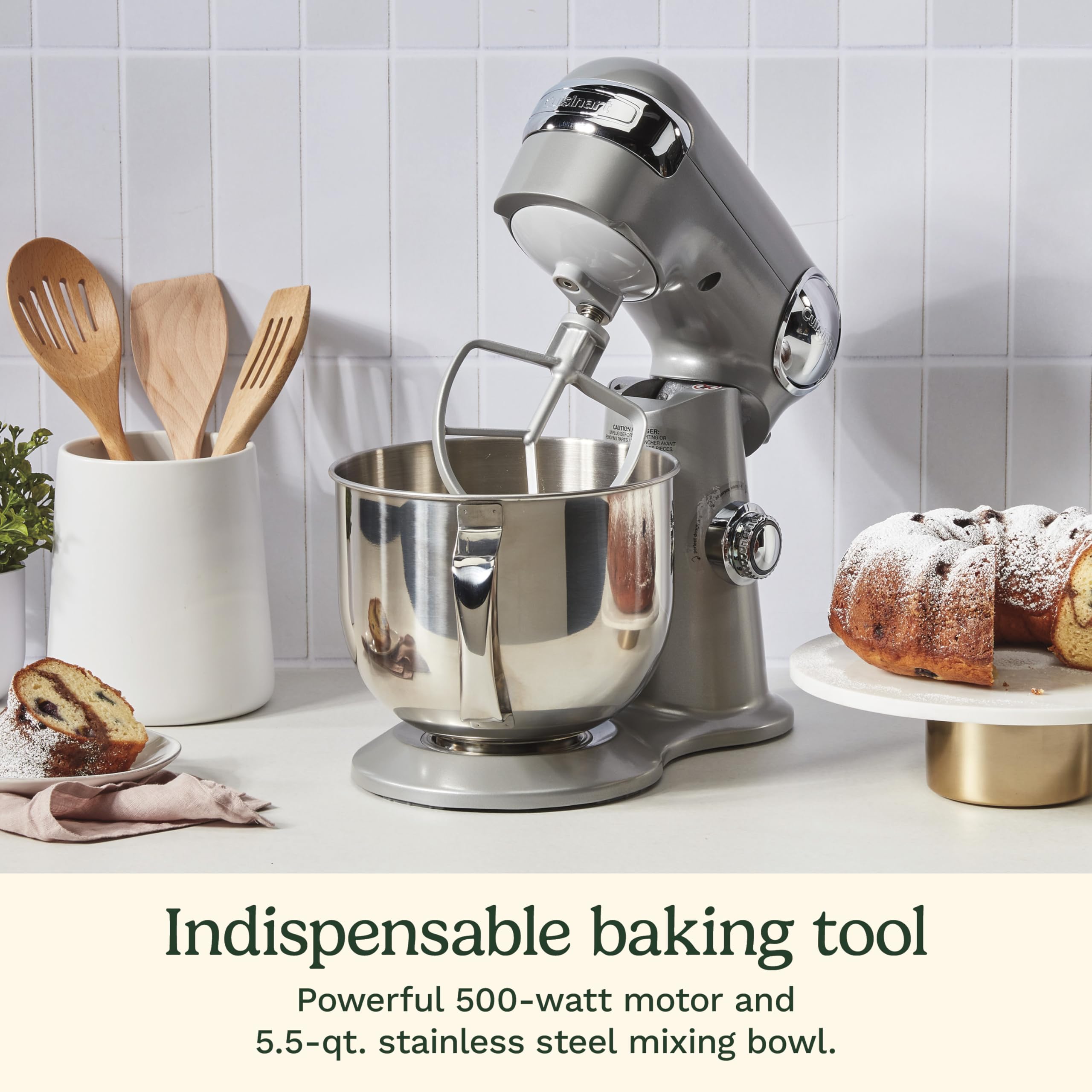Cuisinart Stand Mixer, 12 Speeds, 5.5-Quart Mixing Bowl, Chef's Whisk, Flat Mixing Paddle, Dough Hook, and Splash Guard with Pour Spout, Silver Lining, SM-50BCNAS, Silver Lining