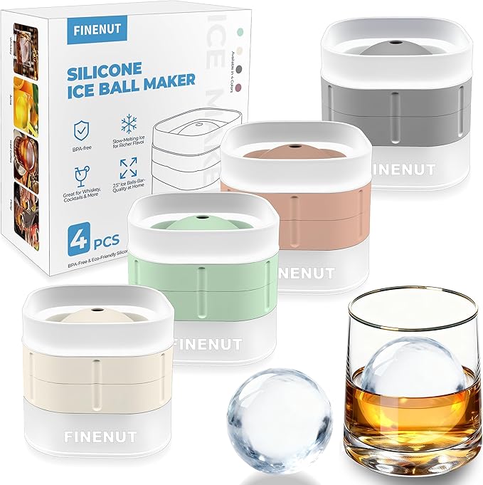 FINENUT Silicone Ice Ball Mold with Lid, 4 Pack – 2.5 Inch Large Sphere Round Ice Maker, Easy Release BPA-Free Silicone Trays for Whiskey & Cocktails, Home Bars & Freezer (Multicolor-Premium)