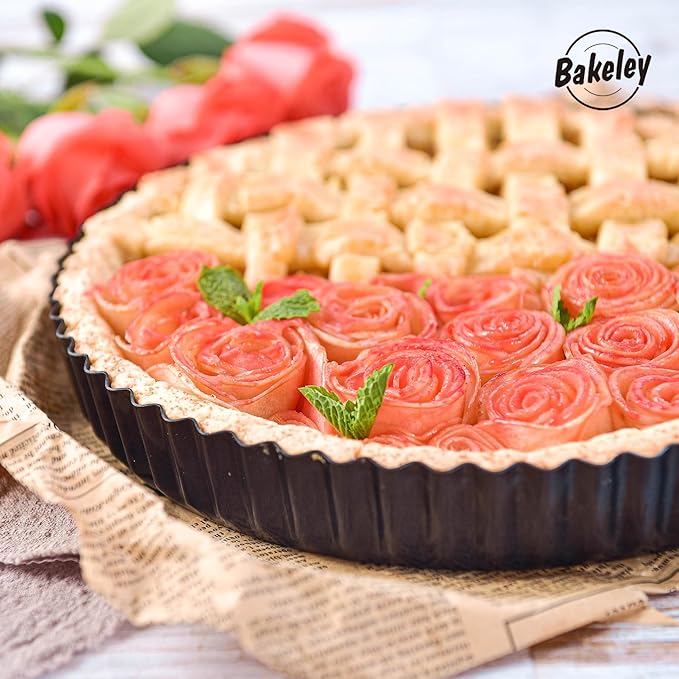 Bakeley 10-Inch Round Tart Pan with Loose Removable Bottom, Non-Stick Carbon Steel Quiche Pan for Oven Baking (Black)