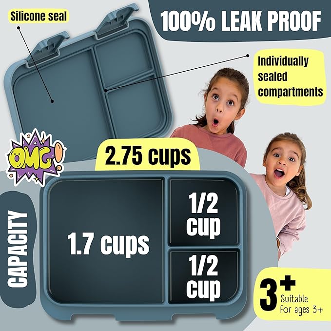 BEARFOOT Kids Lunch Box with Compartments – Compact & Lightweight | Leak-Proof, BPA-Free, Dishwasher Safe | Hand-Drawn Design for Preschool, School, Travel (Sticker Blue, 2.75 Cups)