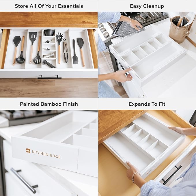 KitchenEdge Utensil & Junk Drawer Organizer, 16-28 in, White Bamboo