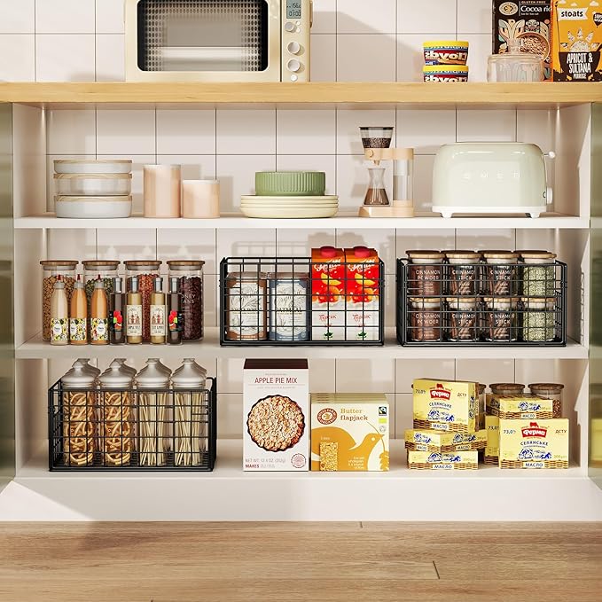 X-cosrack Metal Wire Baskets for Pantry Organization and Storage Freezer Organizer Bins with Handles 4 Pack-12"x12"x6" Extra Large Mesh Bin for Pantry Kitchen Laundry Closet Garage Patent Design