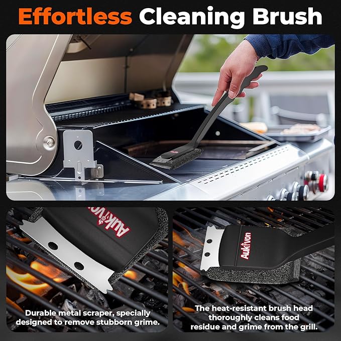 Aukivon 2PCS Upgraded Grill Brush for Outdoor Grill with Water Dunk Basin, Bristle Free, Steel Fiber Grill Brush for Cast Iron/Porcelain/Charcoal/Stainless Steel Grates, Gift for Men/Dad