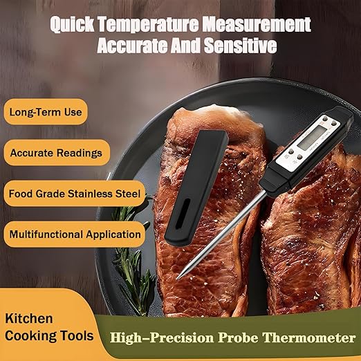 Ausenzup Meat Thermometer - Digital Food Thermometer for Cooking Kitchen - Automatic Calibration Pen Style Electronic Pocket Thermometer for Water Temperature, Barbecue (Black)