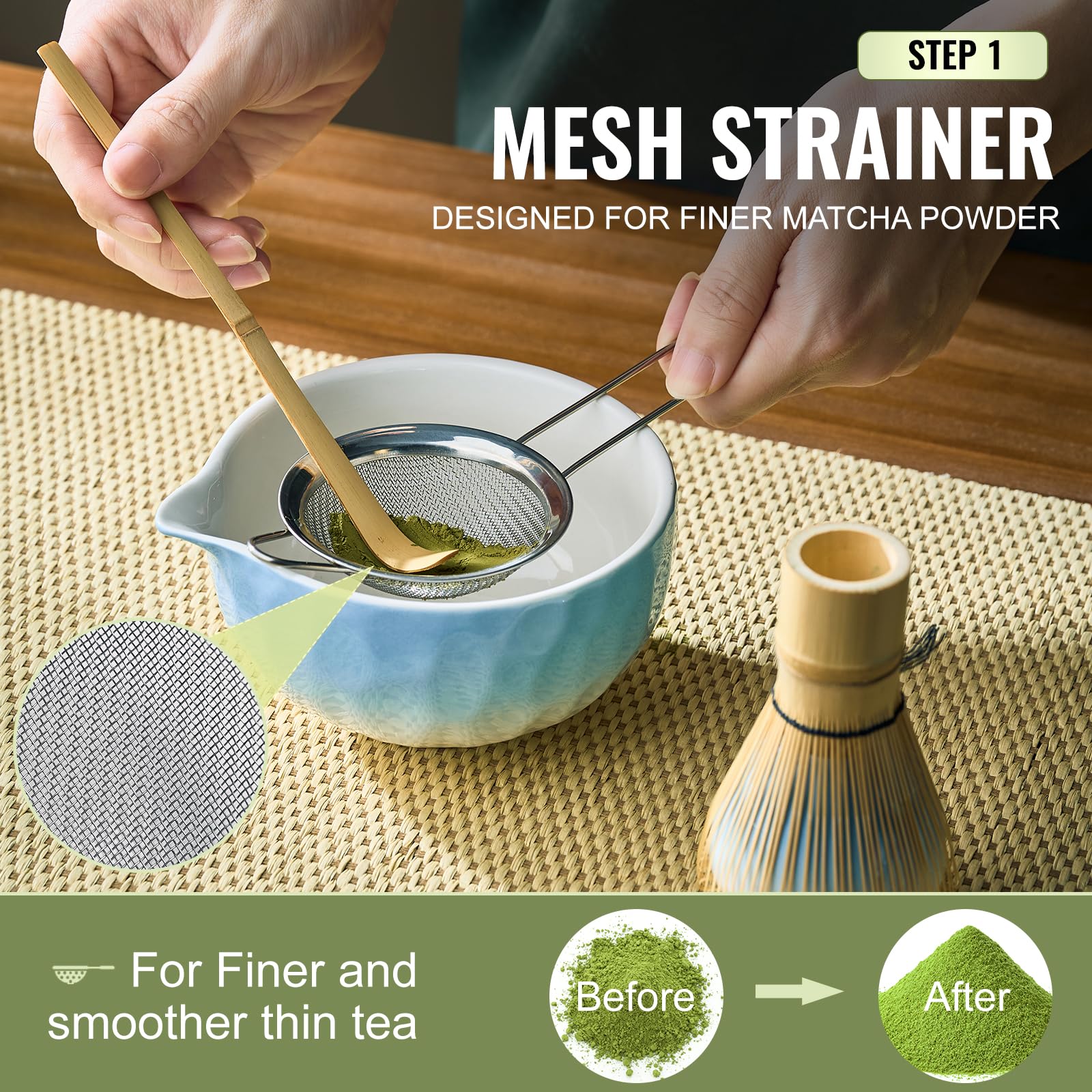 Matcha Whisk Set 7 Pcs Matcha Sets Blue, matcha Kit with Bowl, Whisk and Holder, Bamboo Scoop, Scoop Rest, Sifter & Tea Towel, Tea Gifts for Matche Lovers Making Breakfast Latte