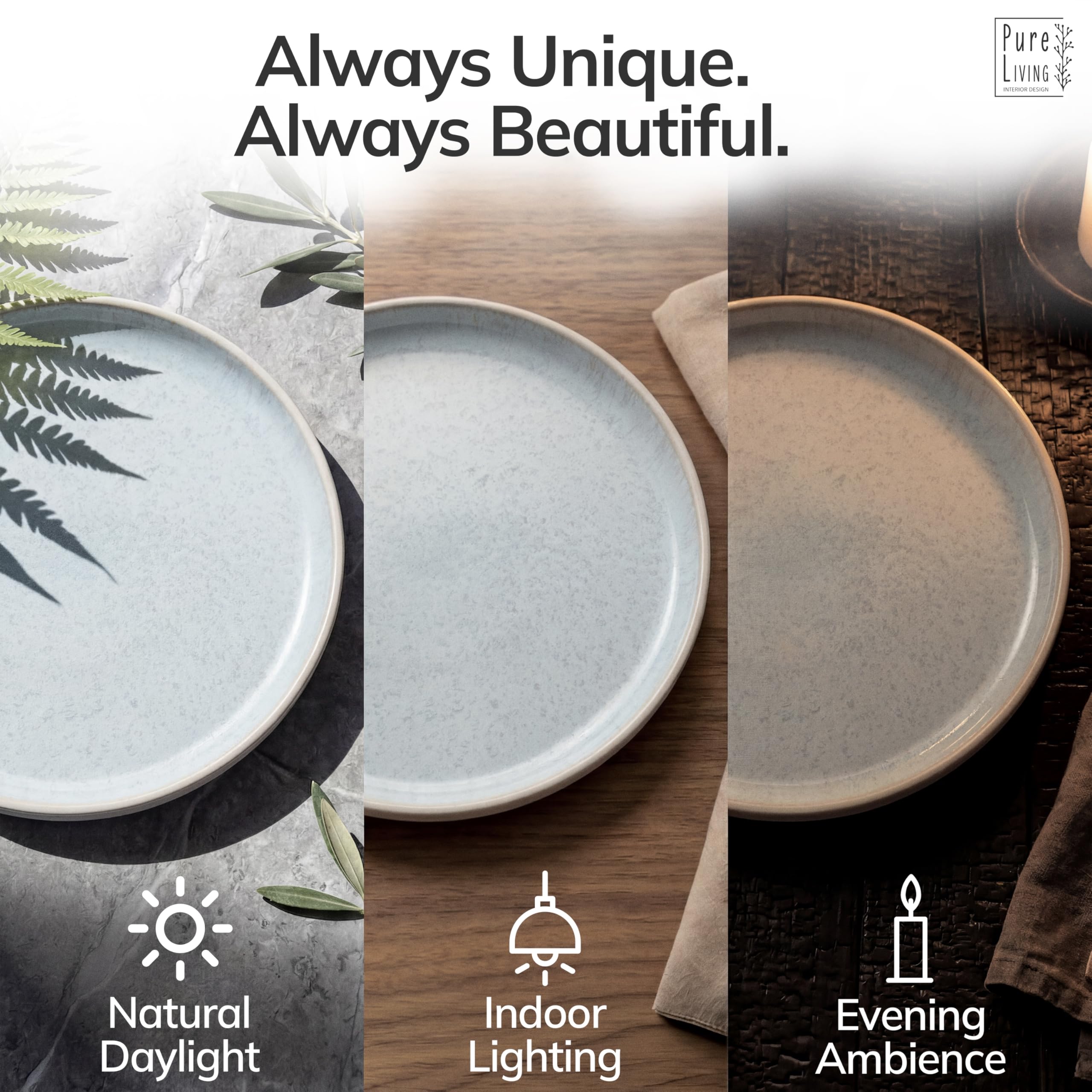 12 Piece Stoneware Dinnerware Set for 4 - Handmade Reactive Glaze Plates and Bowls Set - Chip & Scratch Resistant Dish Set - Dishwasher Microwave Safe - Light Beige & Blue
