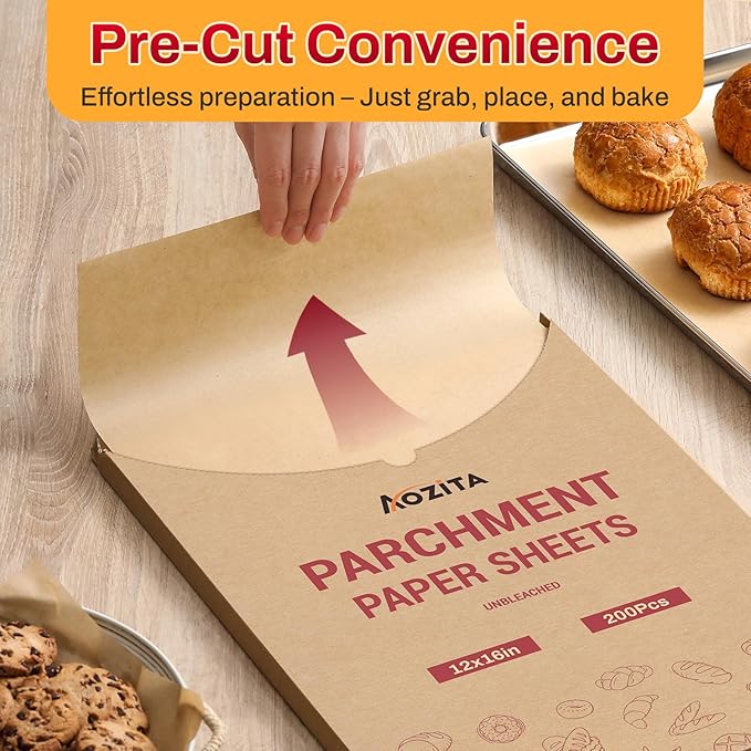 200Pcs 12x16 Inch Unbleached Parchment Paper Sheets for Baking, Pre-Cut, Non-Stick Parchment Paper for Baking, Cooking, Grilling, Air Fryer, Half Sheet Baking Sheets for Baking Cookies, Cooking, Oven