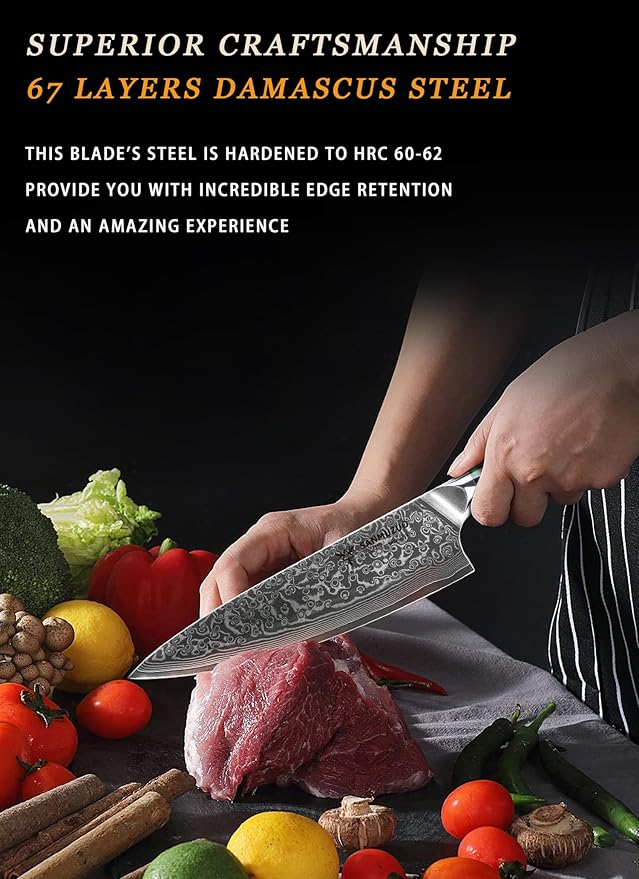 SANMUZUO Chef Knife - 8 inch - Xuan Series - VG10 Damascus Steel Kitchen Knife - Resin Handle (Fantasy Orange)