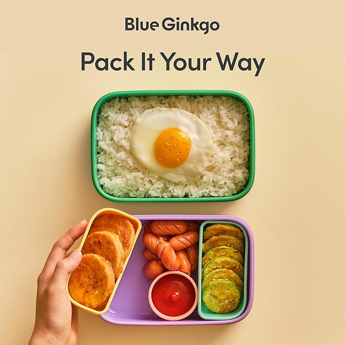 BLUE GINKGO Bento-Style Silicone Lunch Box Set, Purple, Made in Korea