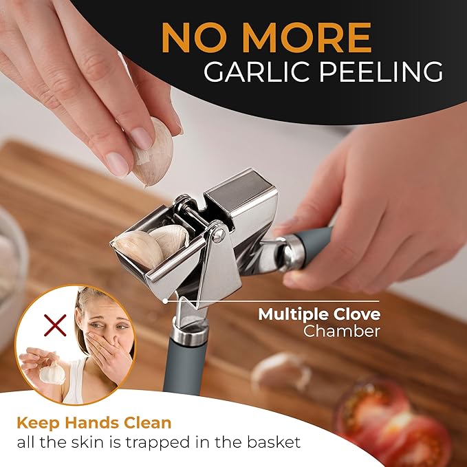 ORBLUE Garlic Press and Peeler Set, Stainless Steel - Professional Grade Mincer, Crusher - Dishwasher Safe & Rust-proof, Gray