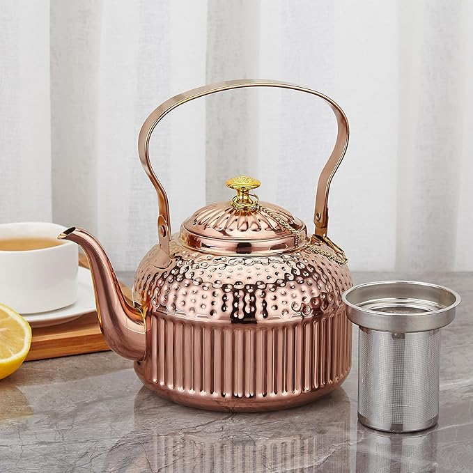 SANQIAHOME Antique 1.8L (60 Oz) Stainless Steel Teapot with Infuser Copper