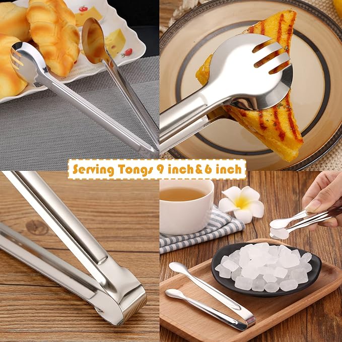IAXSEE 10 PCS Stainless Steel Serving Utensils, Large Serving Spoons Slotted Spoons, Serving Forks, Serving Tongs, Ice Suger Tongs, Metal Utensils Set Great for Buffet Catering Banquet Party (silver)