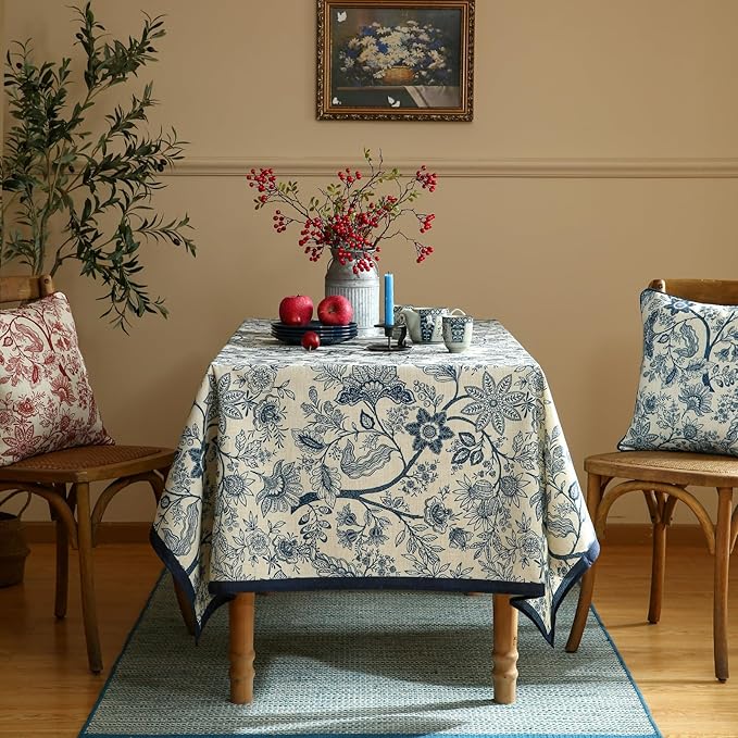 ISAENNE Designer Vintage Linen Rectangular Tablecloth,94"x63"-Ruyi B