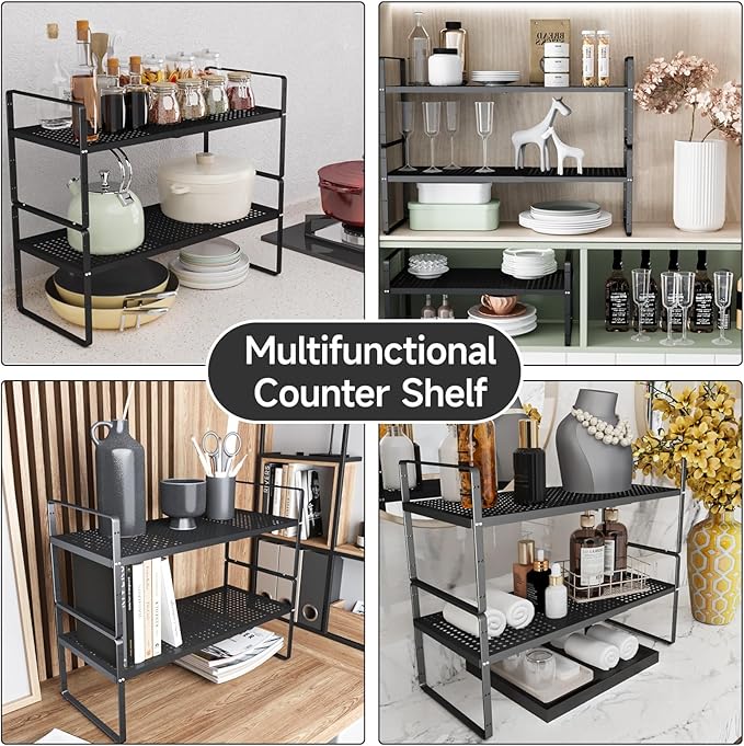 jkxoo 2Pcs Expandable Cabinet Countertop Shelves, 16.5''-27''L, Black