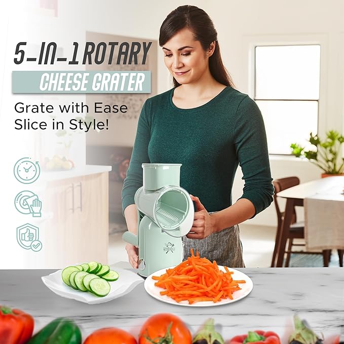 Kitchenvelly Rotary Cheese Grater Hand Crank, 5 in 1 Vegetable Slicer, Manual Cheese Shredder with Stainless Steel Blades, Food Grater for Cheese Vegetables Nuts, Suction Base, Easy Clean, Green