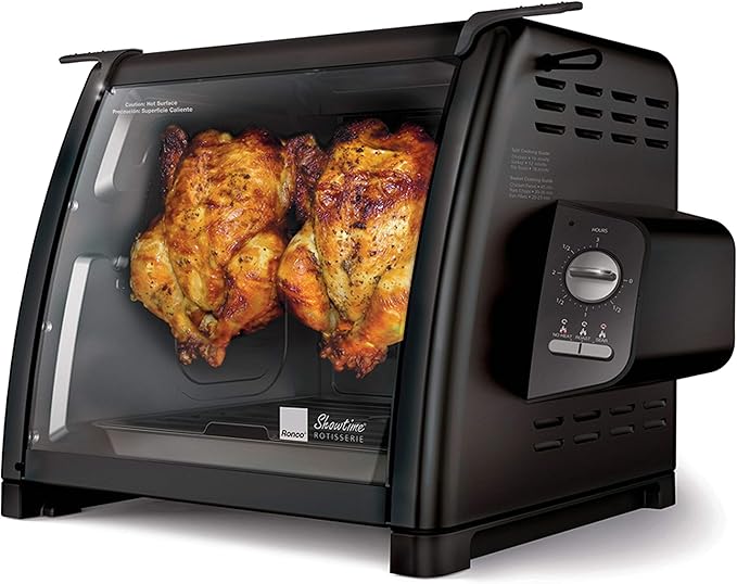 Ronco Showtime Large Capacity Rotisserie & BBQ Oven, Simple Switch Controls, Silicone Door Tie, Perfect Preset Rotation Speed, Self-Basting, Auto Shutoff, Includes Multipurpose Basket, black