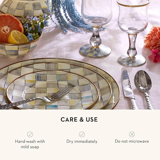 MACKENZIE-CHILDS 3-Piece Enamel Place Setting with 10-Inch Round Dinner Plate, 8-Inch Salad/Dessert Plate, and 7.5-Inch Breakfast Bowl, Gray-and-White Sterling Check