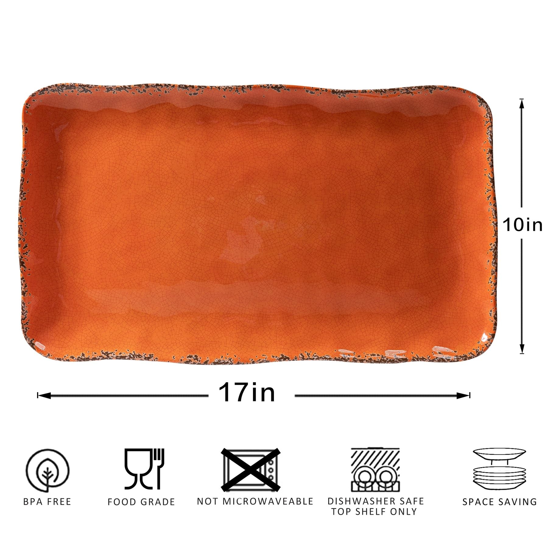 ZAROCRUS Vintage Melamine 17" x 10" Serving Platters for Serving Food, Set of 2, 100% Melamine Large Rectangle Serving Trays Sets for Fruit, Appetizer, Dessert, Home and Party Use. Orange