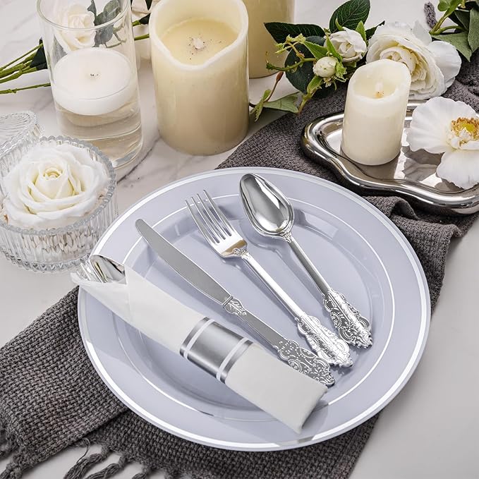 WELLIFE 50 Pack Silver Plastic Silverware, Wrapped Silverware Set Disposable,Include 50 Forks, 50 Knives, 50 Spoons and 50 Napkins, Disposable Cutlery for Party and Wedding