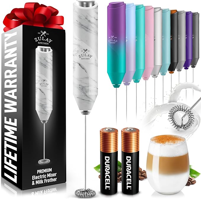 Zulay Kitchen Powerful Milk Frother AA Batteries Included – Ultra Fast Handheld Drink Mixer with Stainless Steel Whisk Stirrer for Coffee, Protein, Matcha & More, Frother Wand Electric Frothmate
