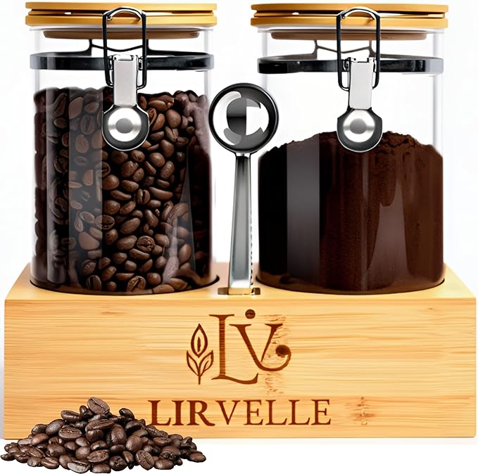 Lirvelle Airtight Coffee Canister with Scoop | Curated Glass Storage Set for Beans, Grounds & Sugar | 9-Piece Ritual Organizer with Bamboo Base, Versatile Artisan Spoon, Labels & Cleaning Brush