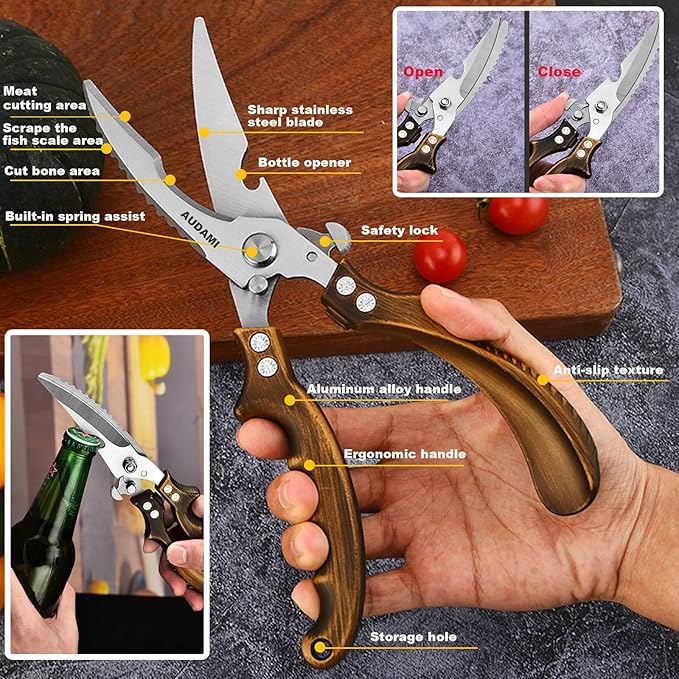 AUDAMI Poultry Shears 2-Pack, Heavy Duty Meat Scissors, Stainless Steel Spring Loaded, Turkey & Chicken Shears, Food Scissors