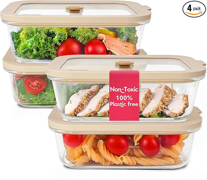 Non-Toxic Glass Food Containers with Lids, 4-Pack, 35 oz, Airtight, Beige