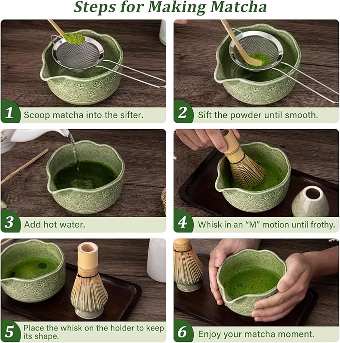 ALBISS Matcha Whisk Set, 7Pcs Ceramic Matcha Kit with Cherry Blossom Design